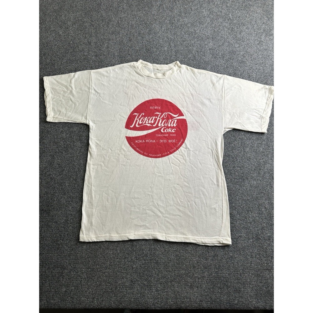 Mens Vintage 80s Coca-Cola Coke Russian Cyrillic Graphic T Shirt, Size L